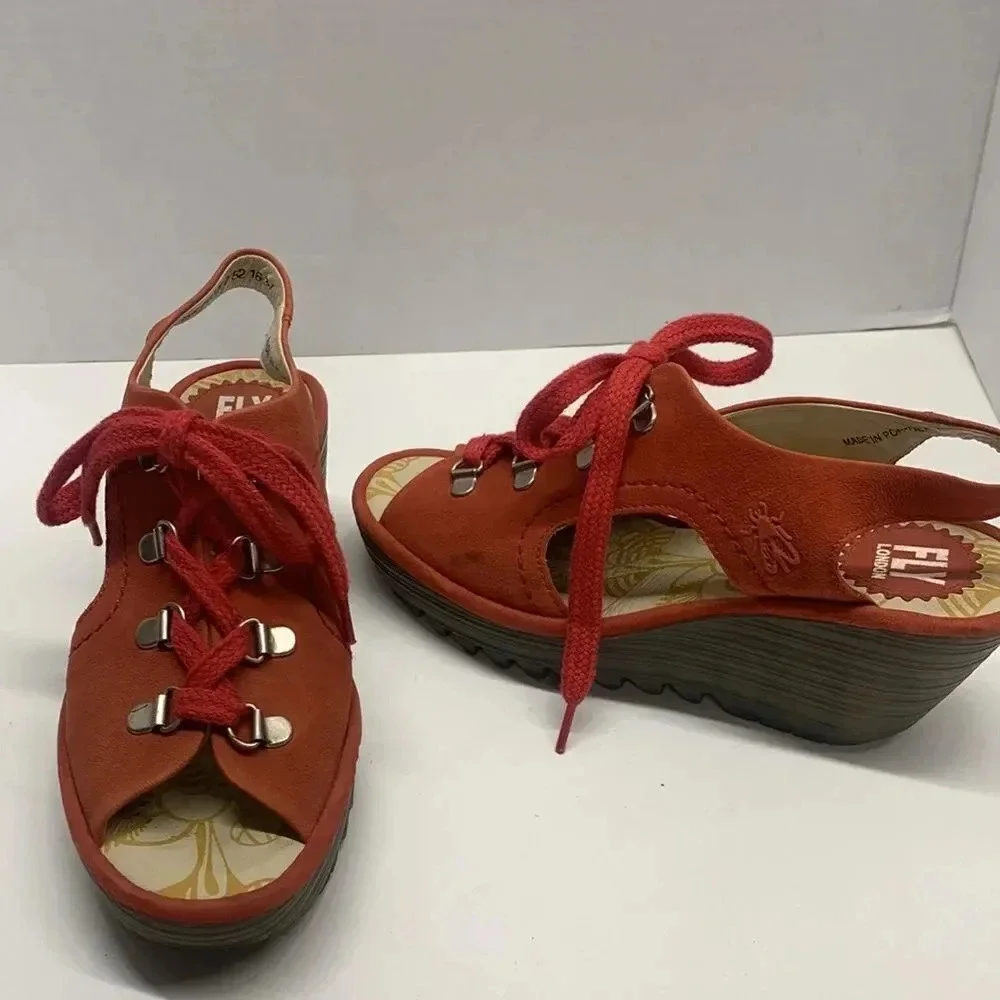 Fly London Yfla Leather Lace Up Wedge Open Toe Sandals Scarlet Red Size EU 37 7